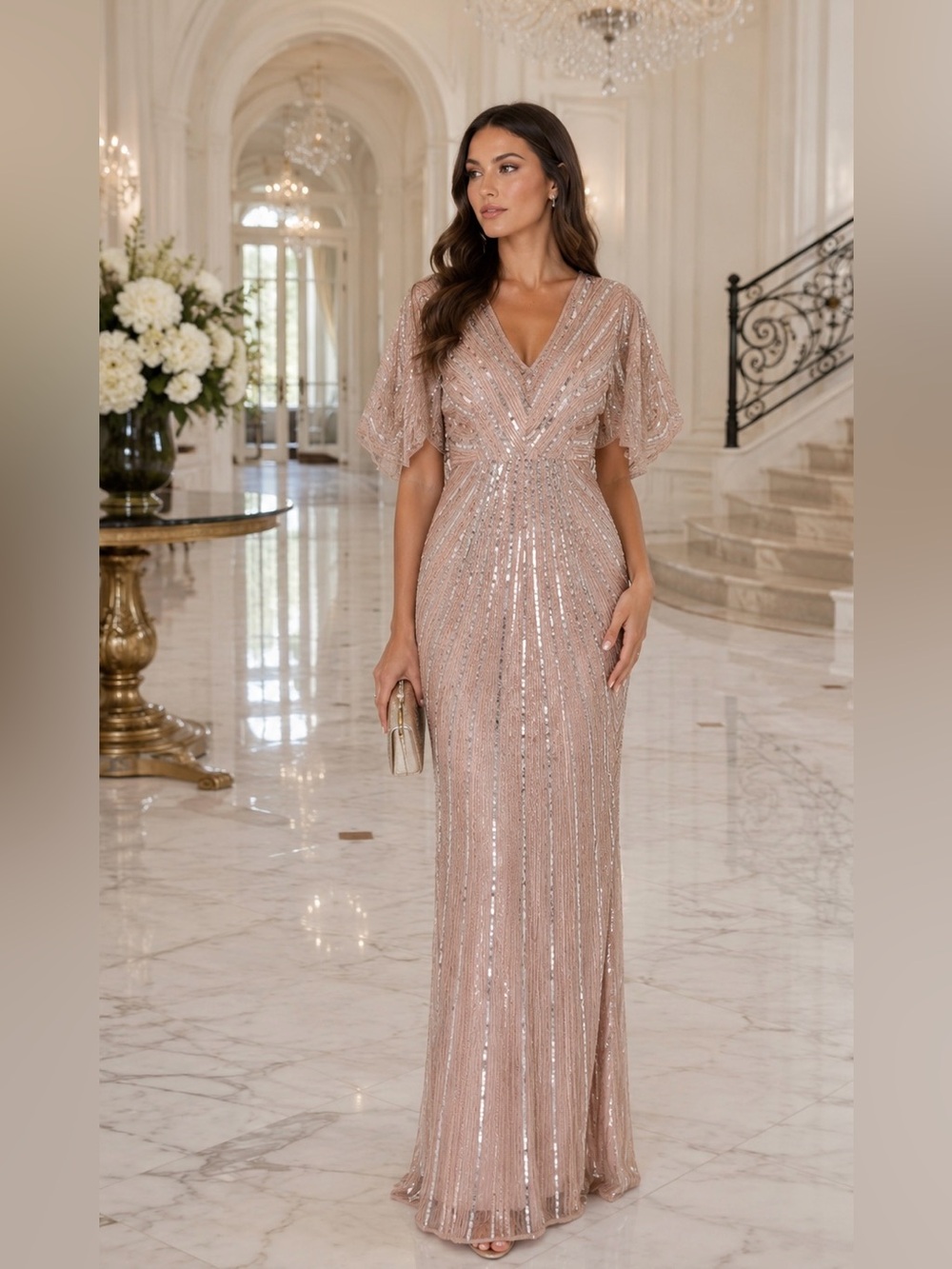 NWT Mac Duggal 93583 Pink Sequined V Neck Cape Sleeve Column Gown Size 4